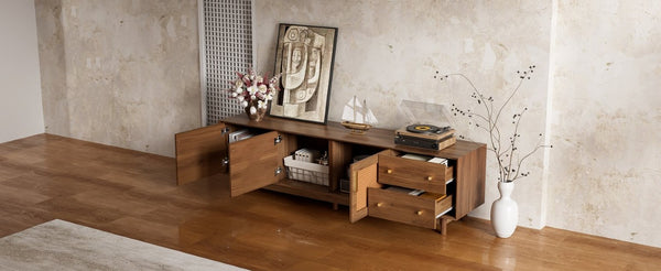 English Elm 70 Inch Media Console with Woven Rattan Doors Beveled Edge and Ash Wood Legs N710P486452Q