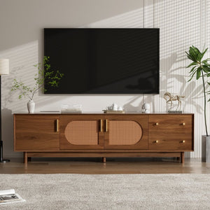 English Elm 70 Inch Media Console with Woven Rattan Doors Beveled Edge and Ash Wood Legs N710P486452Q