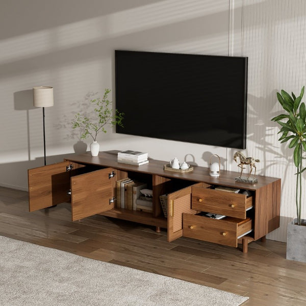 English Elm 70 Inch Media Console with Woven Rattan Doors Beveled Edge and Ash Wood Legs N710P486452Q