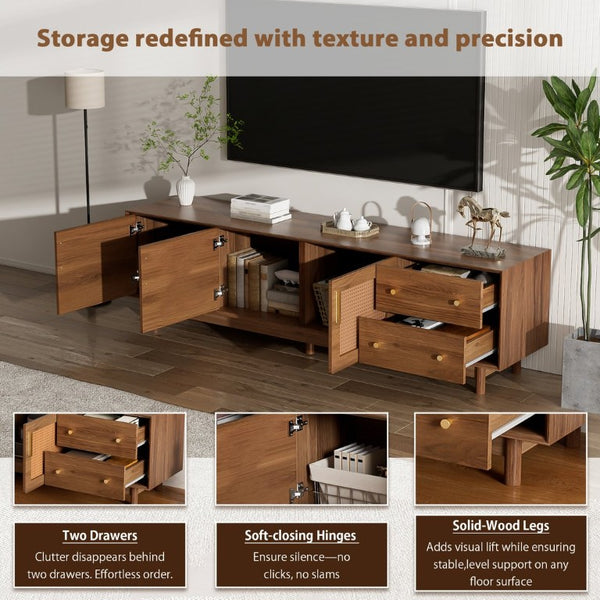 English Elm 70 Inch Media Console with Woven Rattan Doors Beveled Edge and Ash Wood Legs N710P486452Q