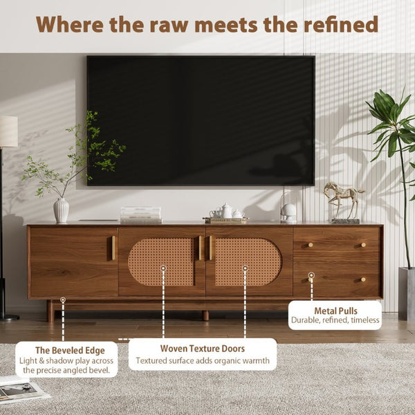 English Elm 70 Inch Media Console with Woven Rattan Doors Beveled Edge and Ash Wood Legs N710P486452Q