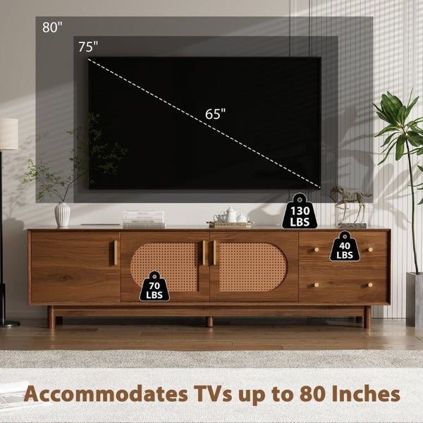 English Elm 70 Inch Media Console with Woven Rattan Doors Beveled Edge and Ash Wood Legs N710P486452Q