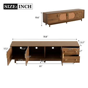 English Elm 70 Inch Media Console with Woven Rattan Doors Beveled Edge and Ash Wood Legs N710P486452Q