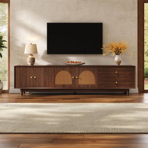 English Elm 78 Inch Rattan Media Console with Walnut Finish Ash Legs and Storage for Living Room N710P486455P