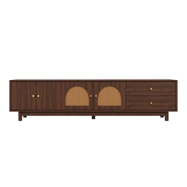 English Elm 78 Inch Rattan Media Console with Walnut Finish Ash Legs and Storage for Living Room N710P486455P