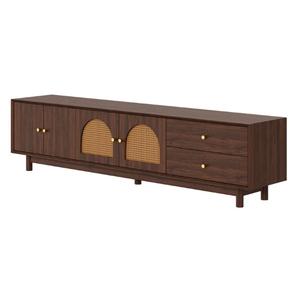 English Elm 78 Inch Rattan Media Console with Walnut Finish Ash Legs and Storage for Living Room N710P486455P