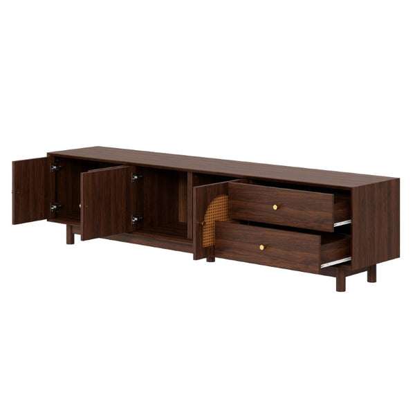 English Elm 78 Inch Rattan Media Console with Walnut Finish Ash Legs and Storage for Living Room N710P486455P