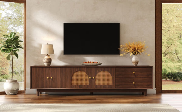 English Elm 78 Inch Rattan Media Console with Walnut Finish Ash Legs and Storage for Living Room N710P486455P