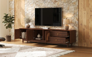 English Elm 78 Inch Rattan Media Console with Walnut Finish Ash Legs and Storage for Living Room N710P486455P