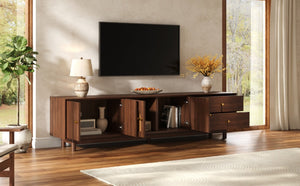 English Elm 78 Inch Rattan Media Console with Walnut Finish Ash Legs and Storage for Living Room N710P486455P