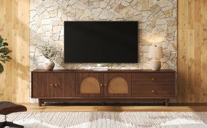 English Elm 78 Inch Rattan Media Console with Walnut Finish Ash Legs and Storage for Living Room N710P486455P