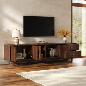 English Elm 78 Inch Rattan Media Console with Walnut Finish Ash Legs and Storage for Living Room N710P486455P