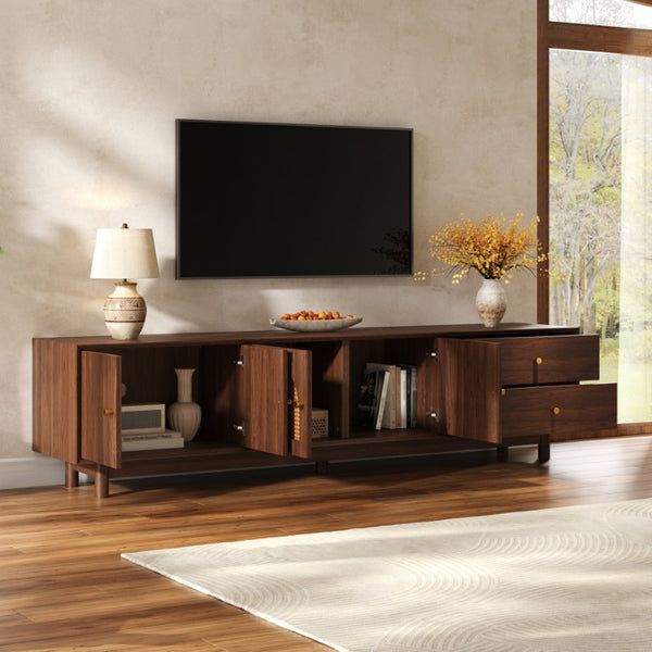 English Elm 78 Inch Rattan Media Console with Walnut Finish Ash Legs and Storage for Living Room N710P486455P