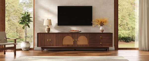English Elm 78 Inch Rattan Media Console with Walnut Finish Ash Legs and Storage for Living Room N710P486455P
