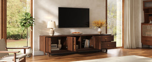 English Elm 78 Inch Rattan Media Console with Walnut Finish Ash Legs and Storage for Living Room N710P486455P