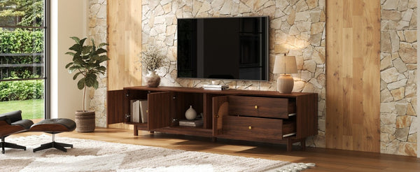 English Elm 78 Inch Rattan Media Console with Walnut Finish Ash Legs and Storage for Living Room N710P486455P