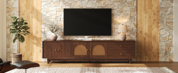 English Elm 78 Inch Rattan Media Console with Walnut Finish Ash Legs and Storage for Living Room N710P486455P