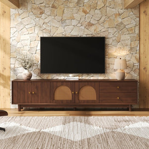 English Elm 78 Inch Rattan Media Console with Walnut Finish Ash Legs and Storage for Living Room N710P486455P