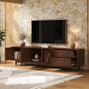 English Elm 78 Inch Rattan Media Console with Walnut Finish Ash Legs and Storage for Living Room N710P486455P