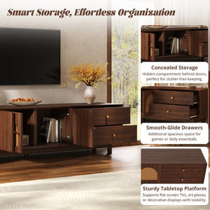 English Elm 78 Inch Rattan Media Console with Walnut Finish Ash Legs and Storage for Living Room N710P486455P