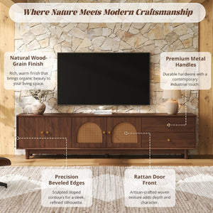 English Elm 78 Inch Rattan Media Console with Walnut Finish Ash Legs and Storage for Living Room N710P486455P
