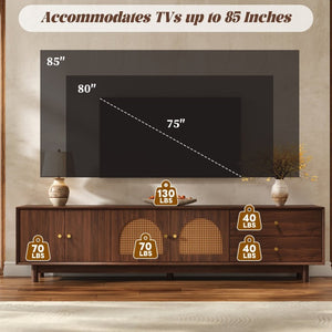 English Elm 78 Inch Rattan Media Console with Walnut Finish Ash Legs and Storage for Living Room N710P486455P