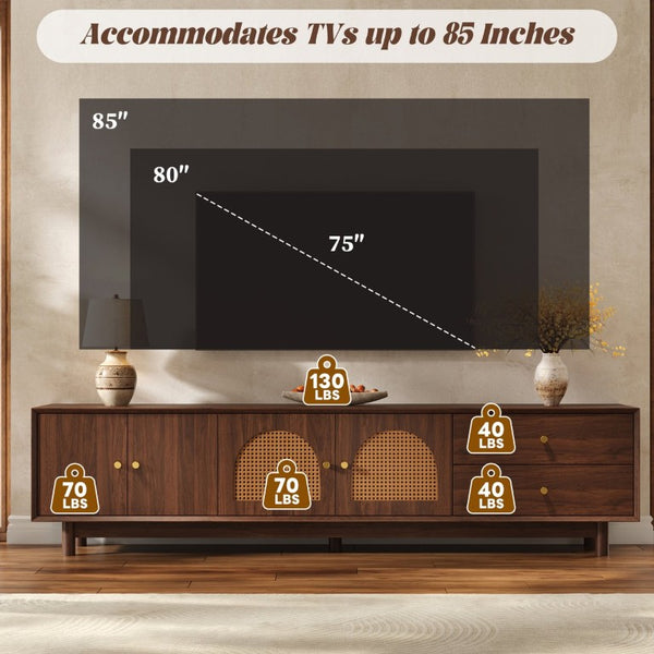English Elm 78 Inch Rattan Media Console with Walnut Finish Ash Legs and Storage for Living Room N710P486455P