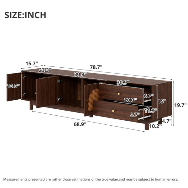 English Elm 78 Inch Rattan Media Console with Walnut Finish Ash Legs and Storage for Living Room N710P486455P