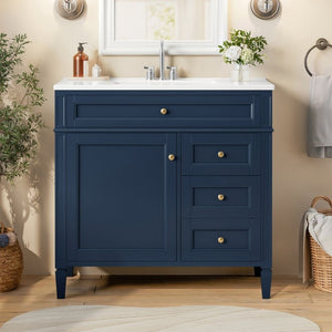 English Elm 36 Inch Modern Bathroom Vanity Ceramic Sink MDF Cabinet Soft Close Storage Drawers Blue N710P495511C
