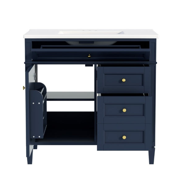 English Elm 36 Inch Modern Bathroom Vanity Ceramic Sink MDF Cabinet Soft Close Storage Drawers Blue N710P495511C