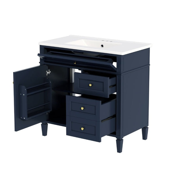 English Elm 36 Inch Modern Bathroom Vanity Ceramic Sink MDF Cabinet Soft Close Storage Drawers Blue N710P495511C