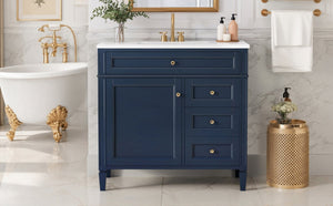 English Elm 36 Inch Modern Bathroom Vanity Ceramic Sink MDF Cabinet Soft Close Storage Drawers Blue N710P495511C