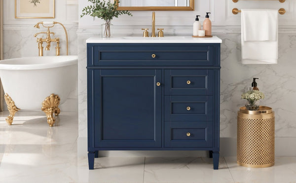 English Elm 36 Inch Modern Bathroom Vanity Ceramic Sink MDF Cabinet Soft Close Storage Drawers Blue N710P495511C