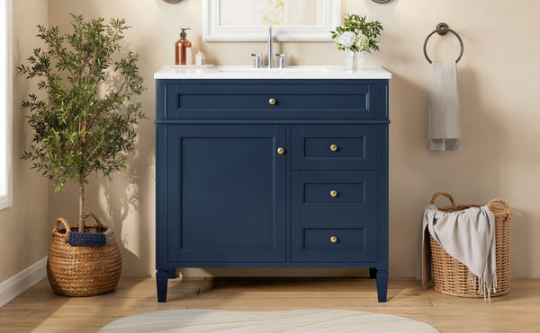 English Elm 36 Inch Modern Bathroom Vanity Ceramic Sink MDF Cabinet Soft Close Storage Drawers Blue N710P495511C