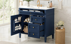 English Elm 36 Inch Modern Bathroom Vanity Ceramic Sink MDF Cabinet Soft Close Storage Drawers Blue N710P495511C