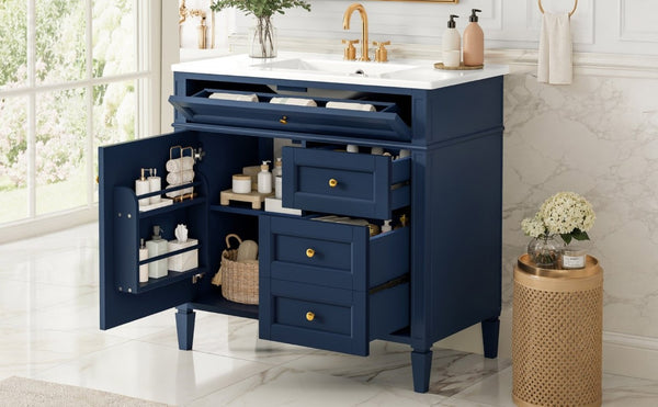 English Elm 36 Inch Modern Bathroom Vanity Ceramic Sink MDF Cabinet Soft Close Storage Drawers Blue N710P495511C