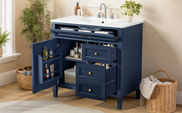 English Elm 36 Inch Modern Bathroom Vanity Ceramic Sink MDF Cabinet Soft Close Storage Drawers Blue N710P495511C