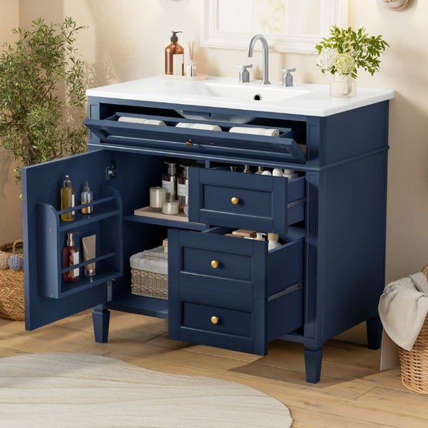 English Elm 36 Inch Modern Bathroom Vanity Ceramic Sink MDF Cabinet Soft Close Storage Drawers Blue N710P495511C