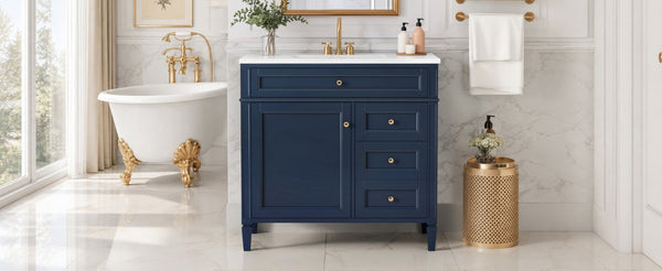 English Elm 36 Inch Modern Bathroom Vanity Ceramic Sink MDF Cabinet Soft Close Storage Drawers Blue N710P495511C