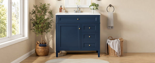 English Elm 36 Inch Modern Bathroom Vanity Ceramic Sink MDF Cabinet Soft Close Storage Drawers Blue N710P495511C