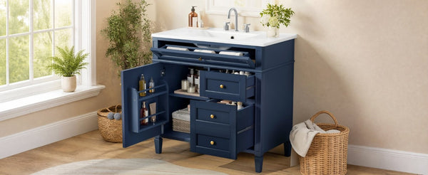 English Elm 36 Inch Modern Bathroom Vanity Ceramic Sink MDF Cabinet Soft Close Storage Drawers Blue N710P495511C