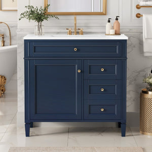 English Elm 36 Inch Modern Bathroom Vanity Ceramic Sink MDF Cabinet Soft Close Storage Drawers Blue N710P495511C