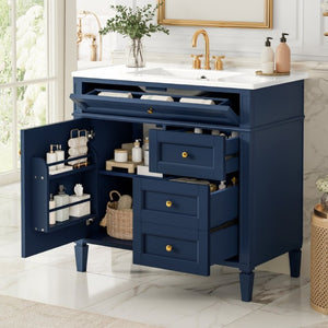 English Elm 36 Inch Modern Bathroom Vanity Ceramic Sink MDF Cabinet Soft Close Storage Drawers Blue N710P495511C