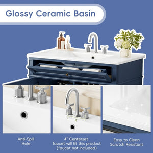English Elm 36 Inch Modern Bathroom Vanity Ceramic Sink MDF Cabinet Soft Close Storage Drawers Blue N710P495511C