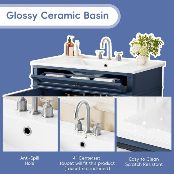 English Elm 36 Inch Modern Bathroom Vanity Ceramic Sink MDF Cabinet Soft Close Storage Drawers Blue N710P495511C