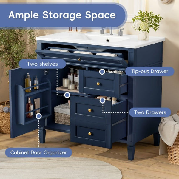English Elm 36 Inch Modern Bathroom Vanity Ceramic Sink MDF Cabinet Soft Close Storage Drawers Blue N710P495511C