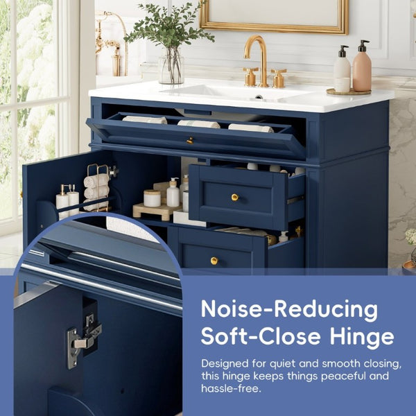 English Elm 36 Inch Modern Bathroom Vanity Ceramic Sink MDF Cabinet Soft Close Storage Drawers Blue N710P495511C