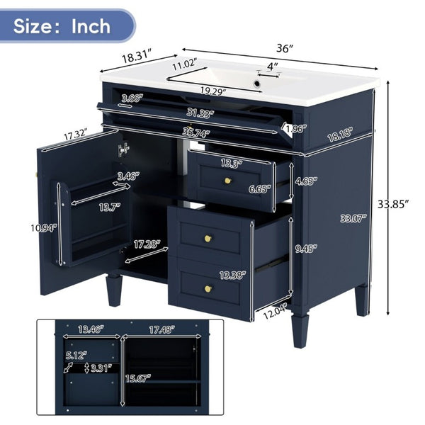 English Elm 36 Inch Modern Bathroom Vanity Ceramic Sink MDF Cabinet Soft Close Storage Drawers Blue N710P495511C