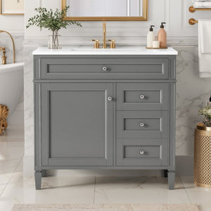 English Elm 36 Inch Modern Bathroom Vanity Ceramic Sink MDF Cabinet Soft Close Storage Drawers Grey N710P495511E