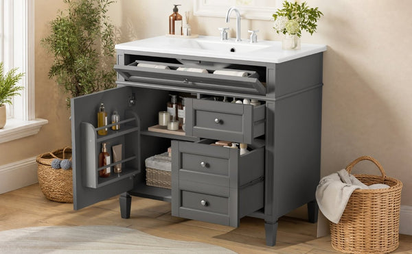 English Elm 36 Inch Modern Bathroom Vanity Ceramic Sink MDF Cabinet Soft Close Storage Drawers Grey N710P495511E